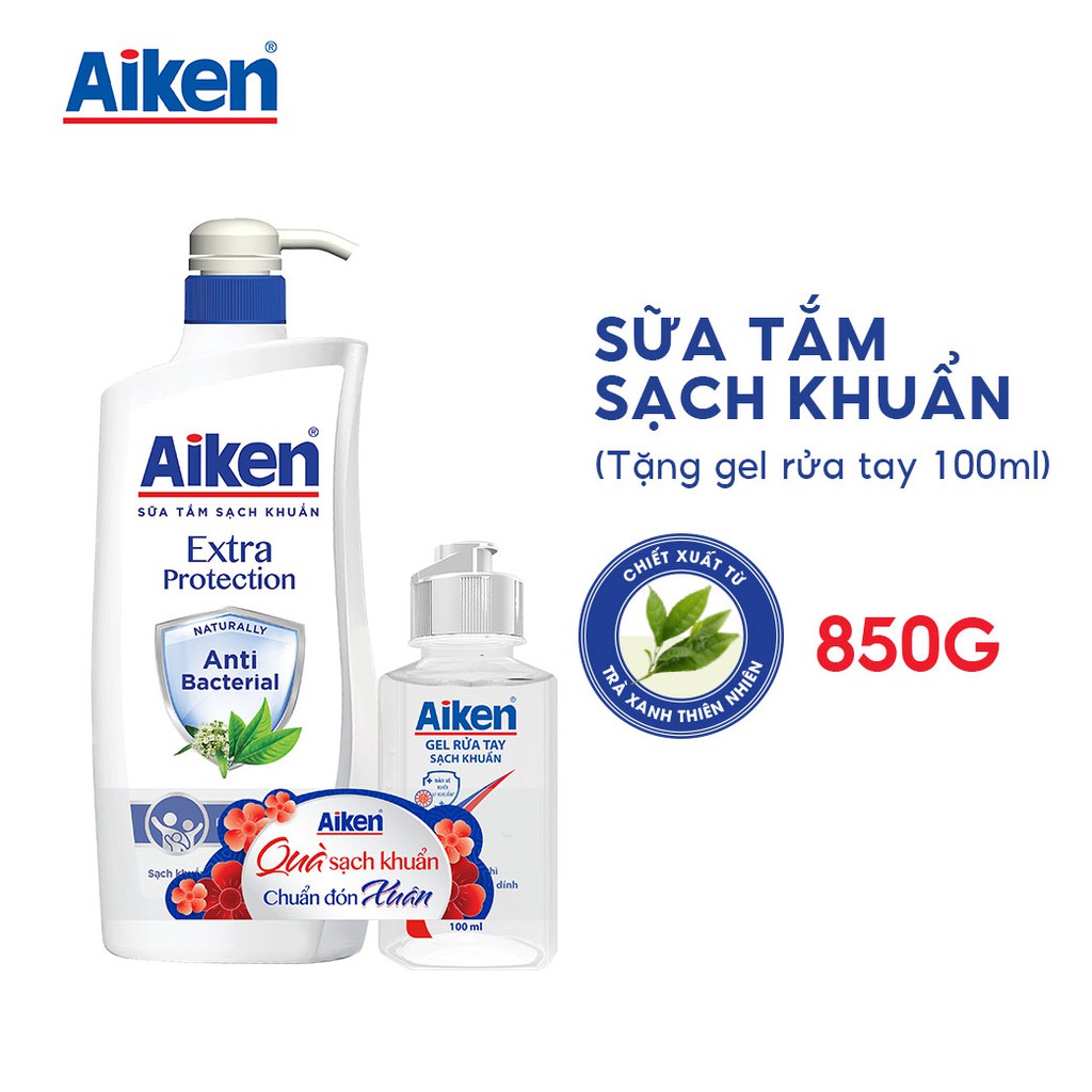 [Mã COSBDAG5 giảm 8% đơn 150k] Aiken Sữa tắm Sạch khuẩn Chiết Xuất Trà Xanh Thiên Nhiên 850g - Tặng Gel rửa tay 100ml