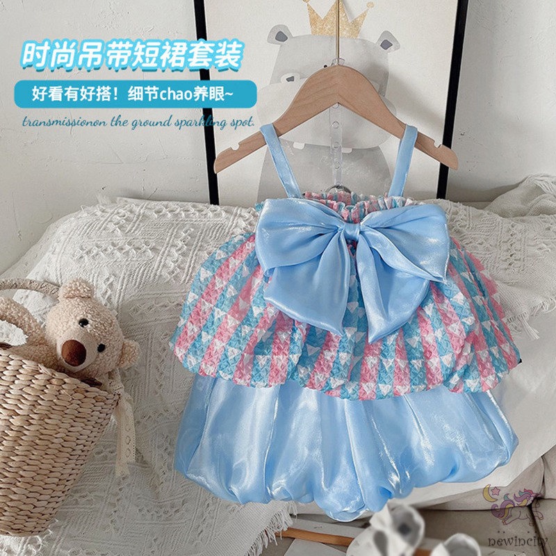 Set Đồ Mùa Hè 2 Món Gồm Áo Hai Dây Thắt Nơ Và Quần Ngắn Hàn Quốc Cho Bé Gái