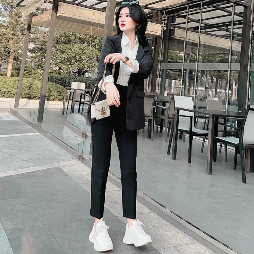 Quần tây nữ công sở lưng cao ống đứng dáng dài có đai co dãn nhẹ chất vải mềm đen Quần vải baggy nữ cạp cao đi học sinh