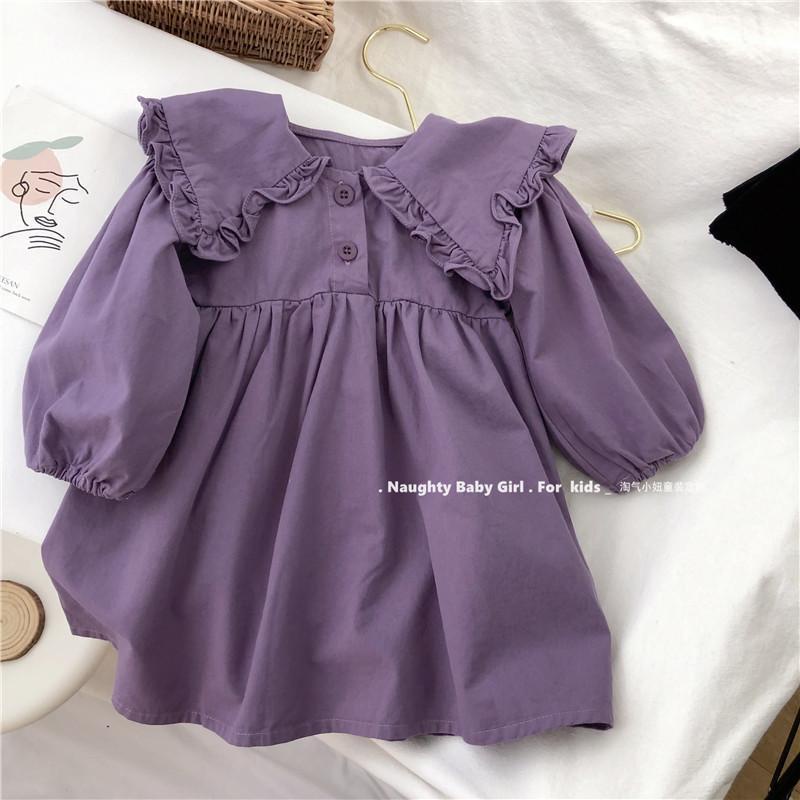 Đầm Búp Bê Dài Tay Màu Tím Phong Cách Hàn Quốc Thu Đông Mới Cho Bé Gái