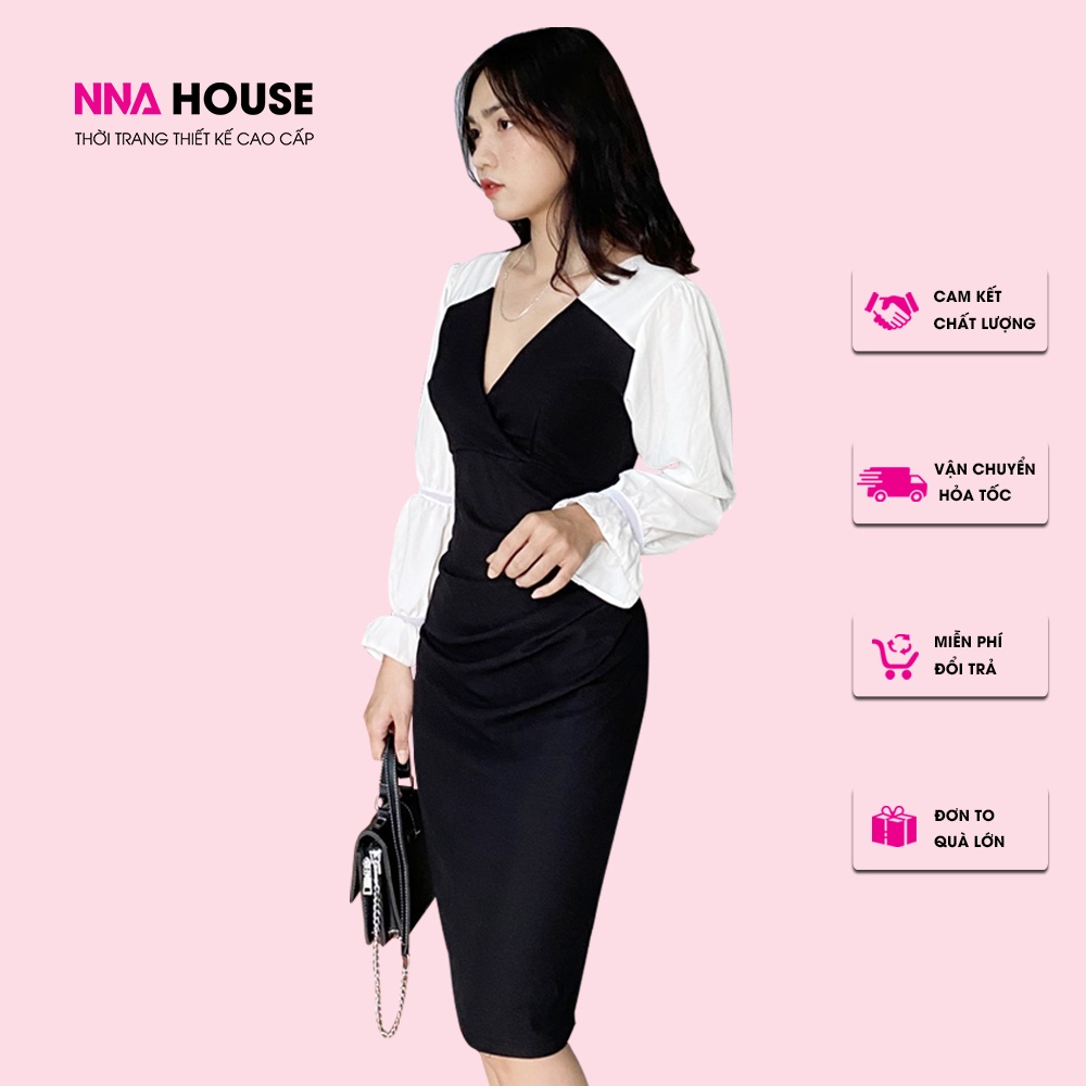 Váy dài tay phối đen trắng - Đầm thiết kế dáng xuông cổ trễ tay bồng sang trọng NNAHOUSE Mã NA213