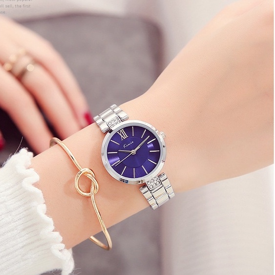 Đồng hồ nữ đeo tay chính hãng Kimio dây kim loại mặt tròn màu bạc chống nước