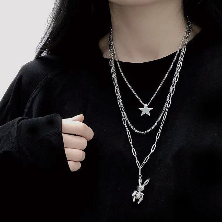 Korean version of hip-hop rabbit pendant titanium steel multi-layer female necklace