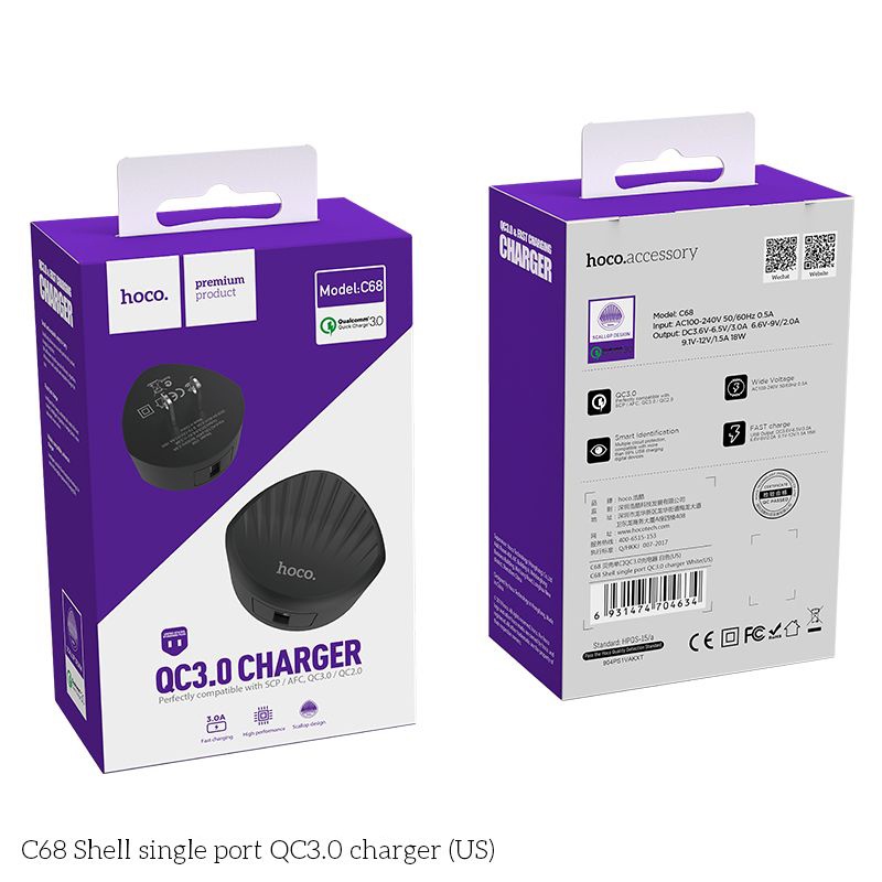 Cốc sạc nhanh Hoco C68 hỗ trợ QC 3.0 / QC 2.0 (2 màu tuỳ chọn)