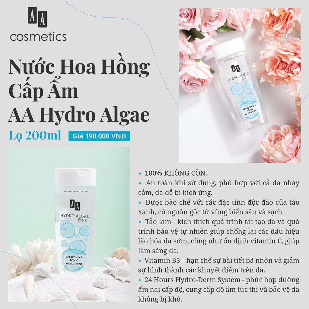 Nước hoa hồng cấp ẩm AA Cosmetics Hydro Algae lọ 200ml