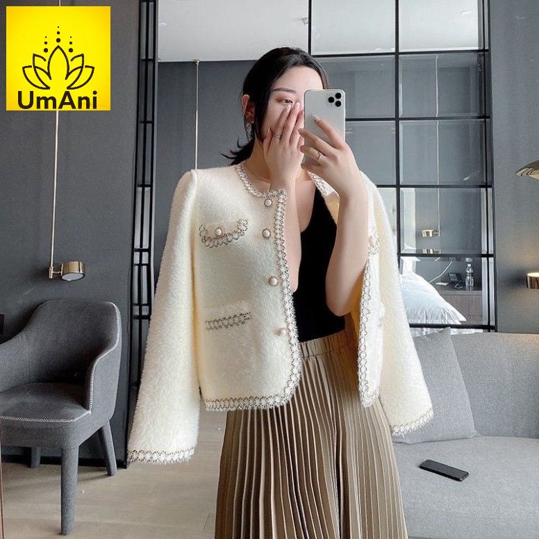 Áo khoác cardigan len nữ tay dài chất dạ lông thỏ 2 màu đen trắng cúc ngọc cổ tròn dáng ngắn kiểu Hàn Quốc_UMANI
