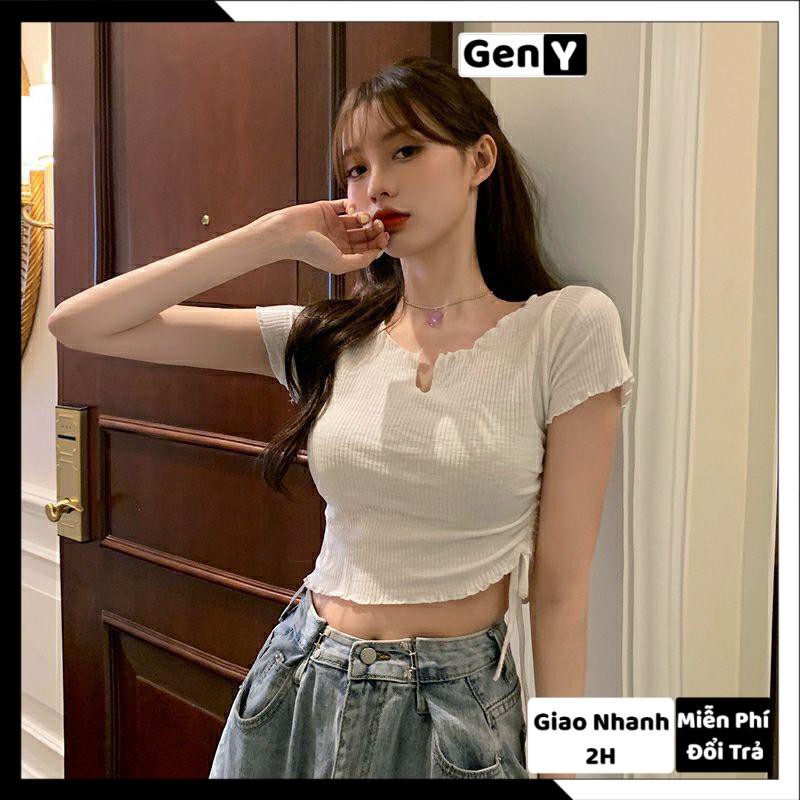 Áo Croptop Cổ V Dây Rút 1 Bên GenY Áo Kiểu Nữ Cuốn Biên Chất Borip Mềm Mịn -CR6 | BigBuy360 - bigbuy360.vn