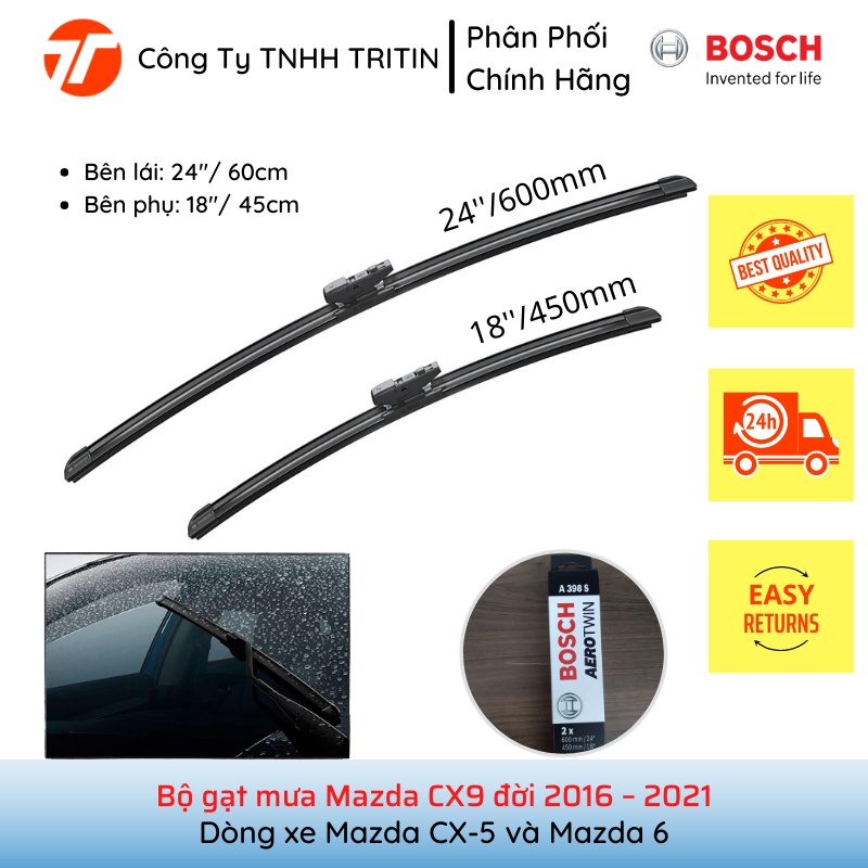 Bộ Gạt Mưa Bosch Aerotwin EURO Set A398S kích thước 24” – 18” Cho Xe Mazda CX-5 và Mazda 6 | TRITINC
