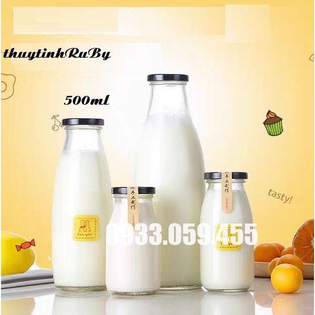 Chai thủy tinh đựng sữa 500ml nắp thiếc, Bình nước thủy tinh nắp vặn tiện lợi