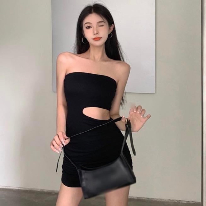 Đầm ống kiểu ngắn nữ thun ôm sát body co dãn cut out khoét eo trơn - Order taobao quảng châu
