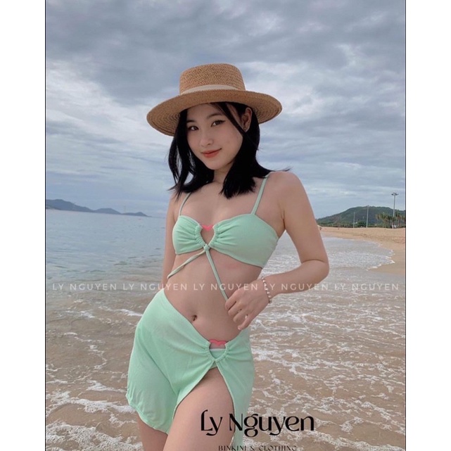 Bộ đồ bơi bikini Âu Mỹ 3 mảnh kèm váy màu xanh lá non siêu lạ mắt sáng da cột dây eo sexy quyến rũ
