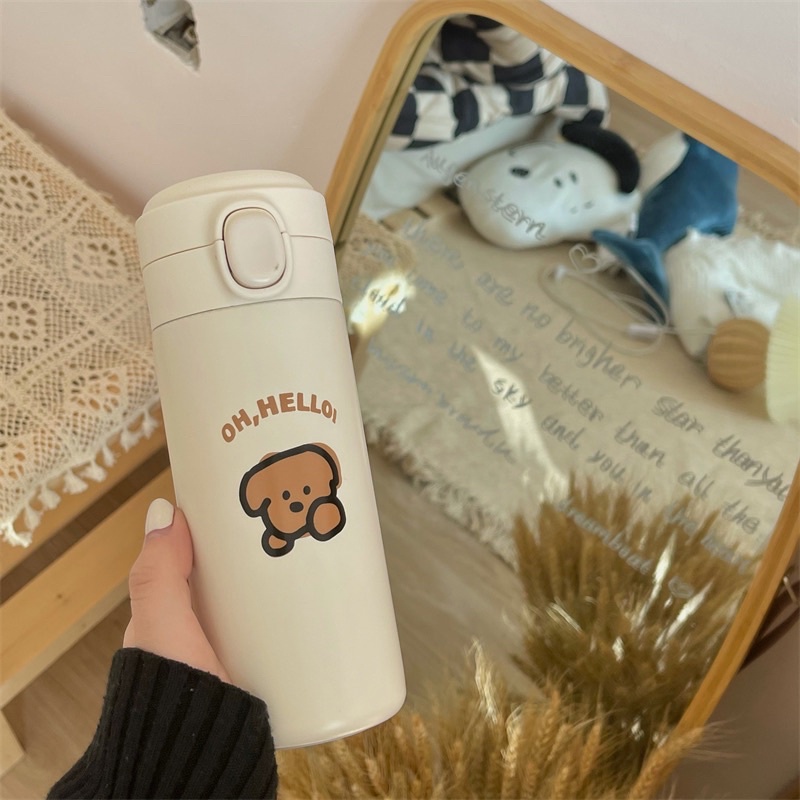 Bình giữ nhiệt có hình Cún, Oh!Hello + kèm túi vải đựng bên ngoài đáng yêu dễ thương