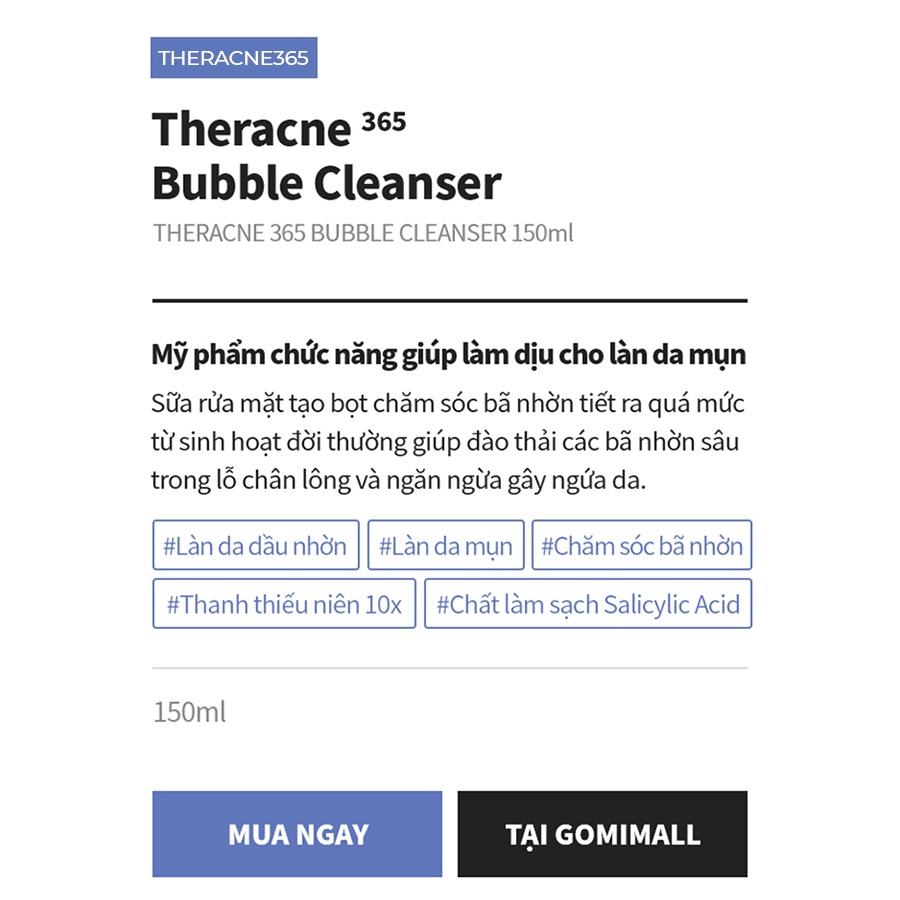 Sữa Rửa Mặt Tạo Bọt Cho Da Nhờn Aestura Theracne365 Bubble Cleanser 150ml GomiMall
