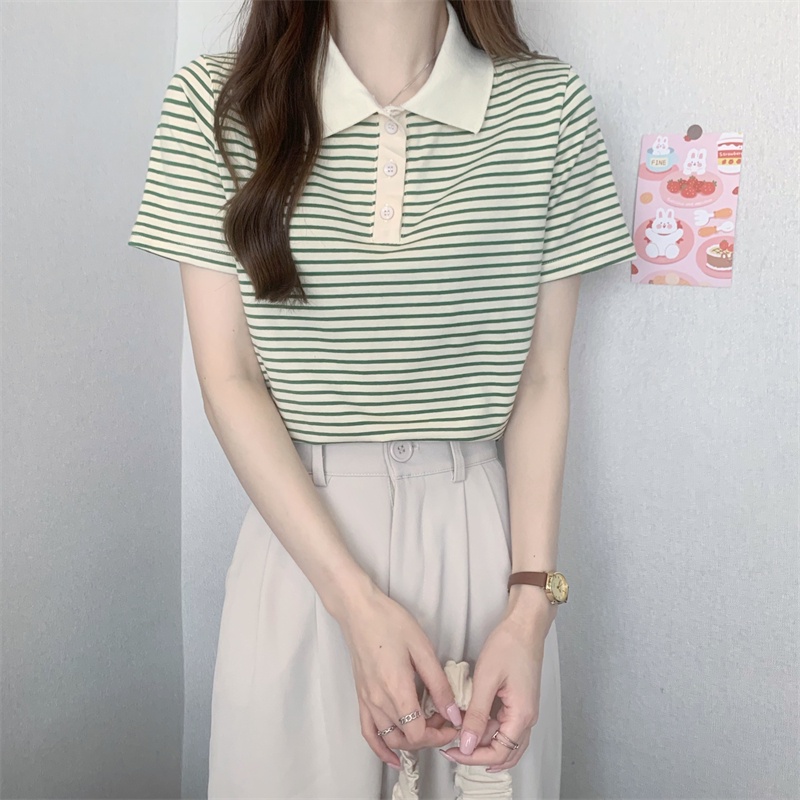 Áo polo XIAOZHAINV ngắn tay kẻ sọc 4 màu lựa chọn thời trang cho nữ