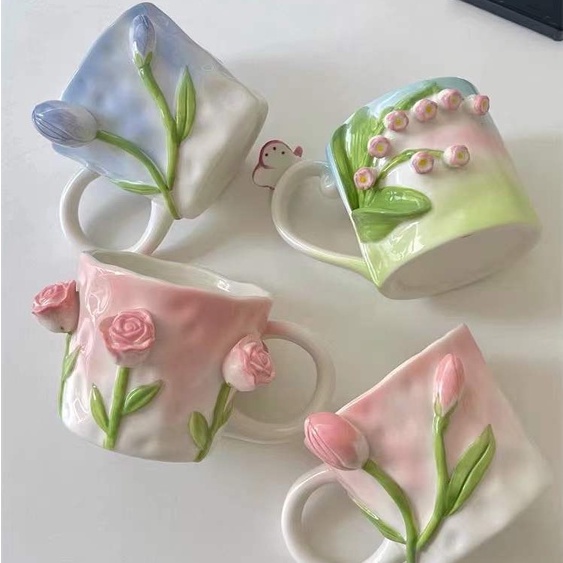 ❤Ly Sứ Uống Nước Họa Tiết Hoa Tulip Dập Nổi Ba Chiều
