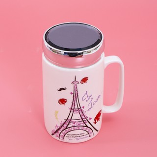 Cốc sứ có quai cầm đựng nước giữ nhiệt nắp gương 2 trong 1