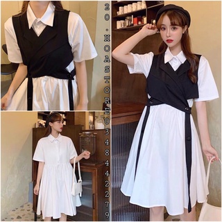 Set Váy Sơmi Trắng Babydoll Áo Gile Cột Dây Ghi-lê Đen Ulzzang - Set Áo Sơ Mi Tay Ngắn Dáng Rộng + Chân Váy Thiết Kế