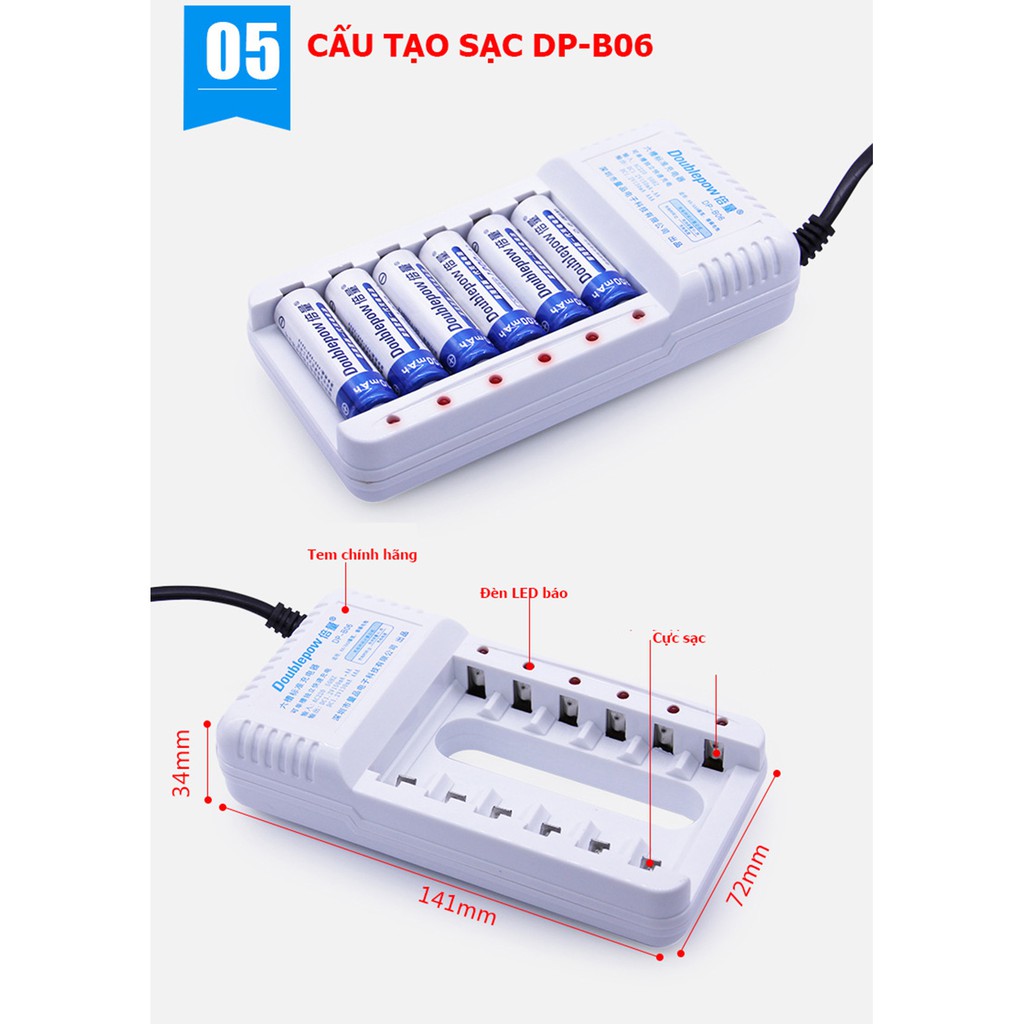 Combo Sạc pin 6 cổng, sạc AA, AAA chất lượng cao DP-B06 - DoublePow + tặng kèm 04 viên pin AAA 900mAh