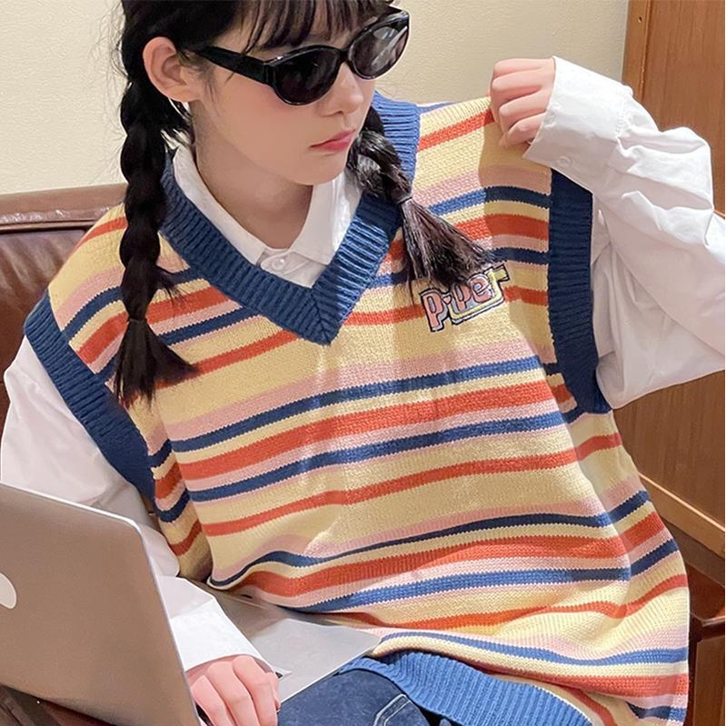 MỚI Áo dệt kim sát nách cổ chữ V họa tiết kẻ sọc phong cách Nhật Bản cho nữ