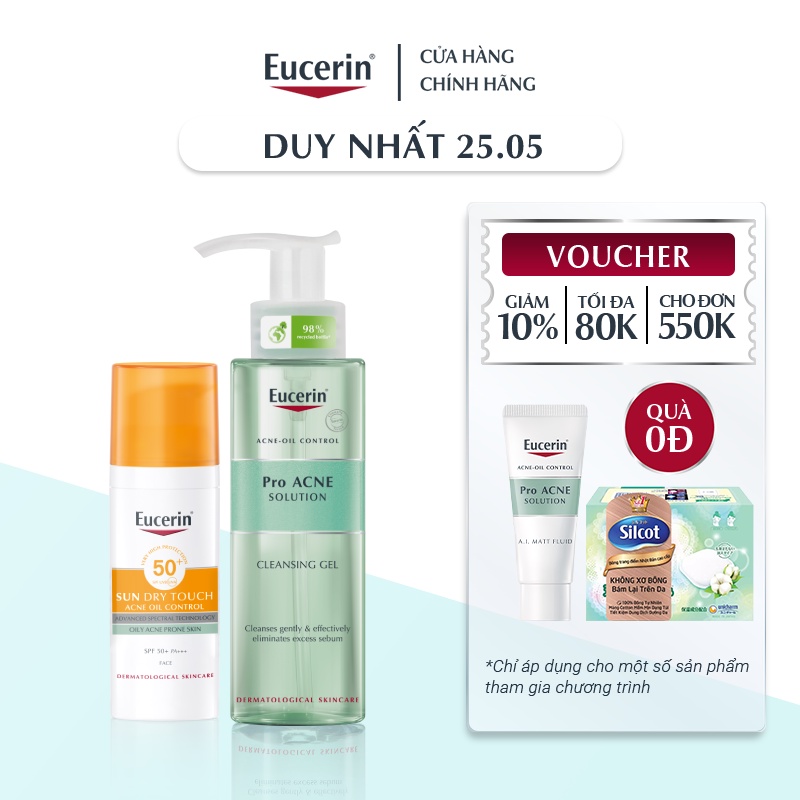 Bộ Chống Nắng Kiềm Dầu Eucerin Cho Da Mụn: Kem Chống Nắng Sun Dry Touch 50ml &amp; Gel Rửa Mặt ProAcne 200ml