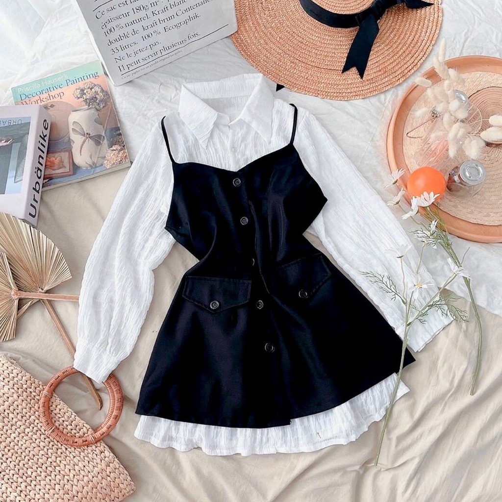 [Mã FAMARAL2 giảm 10K đơn 50K] Set yếm đen 2s + đầm sơmi tay dài (có bigsize)