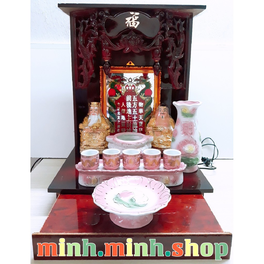Combo đồ thờ cúng màu hồng: Bàn thờ 37cm hộc kéo, tài địa,...+ khuyến mãi