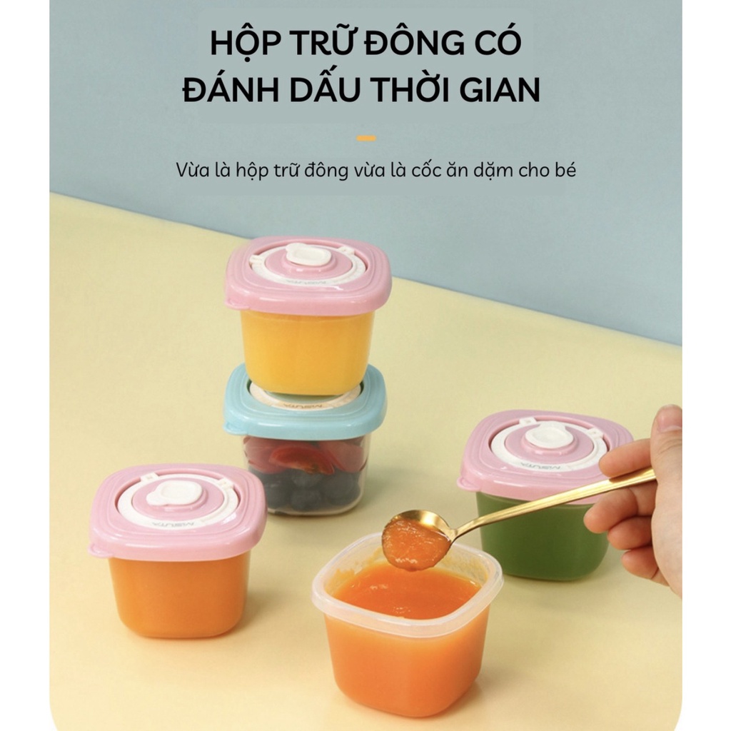 Hộp trữ đông đồ ăn dặm cho bé 120ml Misuta, sử dụng được trong lò vi sóng, có đặt lịch ngày trữ đông