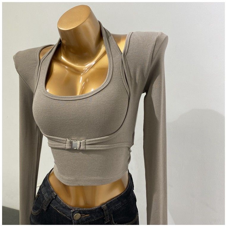 Bán Chạy!Áo Thun Ngắn Tay Dài Giả Hai Lớp Cài Nút Kim Loại Dáng Ôm Thời Trang Mùa Thu 2022