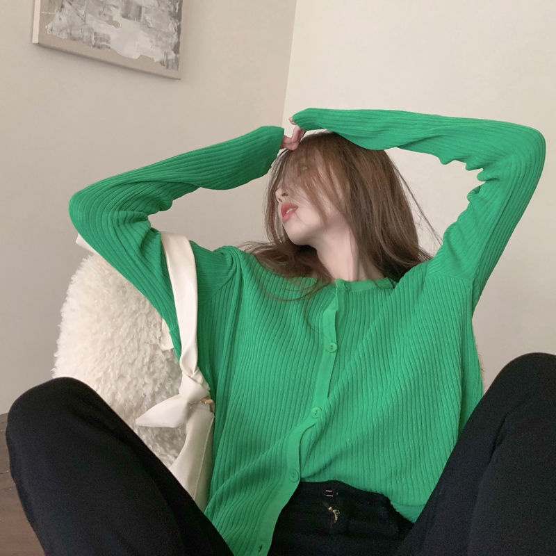 Áo khoác cardigan dệt kim mỏng tay dài thiết kế ngắn thêu hình chú gấu xinh xắn