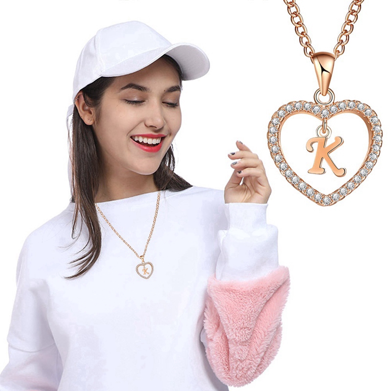 Dây chuyền mặt trái tim lồng chữ cái A-Z vòng cổ mặt chữ cái đính đá thời trang trang sức phụ kiện nữ quà tặng bạn gái
