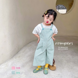 Quần Yếm Cotton Lanh Ống Rộng Họa Tiết Sọc Caro Ngọt Ngào Cho Bé Gái