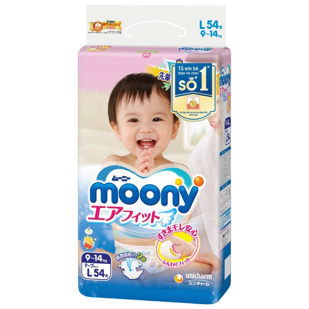 combo 2 túi Tã dán Moony Size L 54 Miếng (Cho bé 9 đến 14Kg)