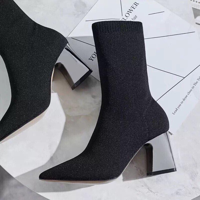 Bốt len gót tráng gương cao cổ gót nghiêng siêu hot