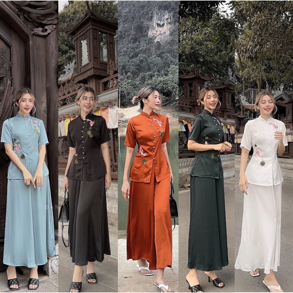 Đồ Lam Nữ Đi Chùa Mẫu Cá Ngọc Vải Lụa Satin