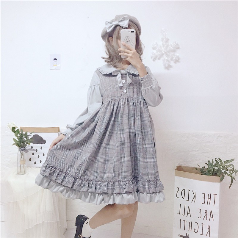 Đầm baby doll lolita tay dài cổ áo búp bê váy xòe ulzzang (2 màu )