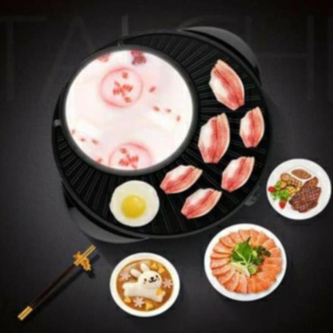 Nồi lẩu nướng tròn 2 ngăn Hàn Quốc 2in1 cao cấp - Lẩu nướng điện 2 trong 1 Thái Lan mặt đá