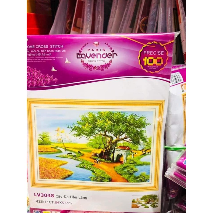 Tranh thêu phong cảnh đồng quê KT:84x57cm,tranh chưa thêu.Tặng kéo và xỏ chỉ.