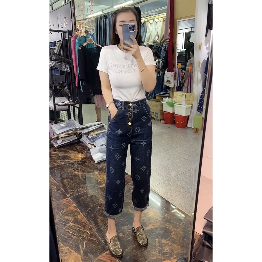 Quần Jeans Lưng Cao Size Lớn In Họa Tiết Thời Trang Mới Cho Nữ
