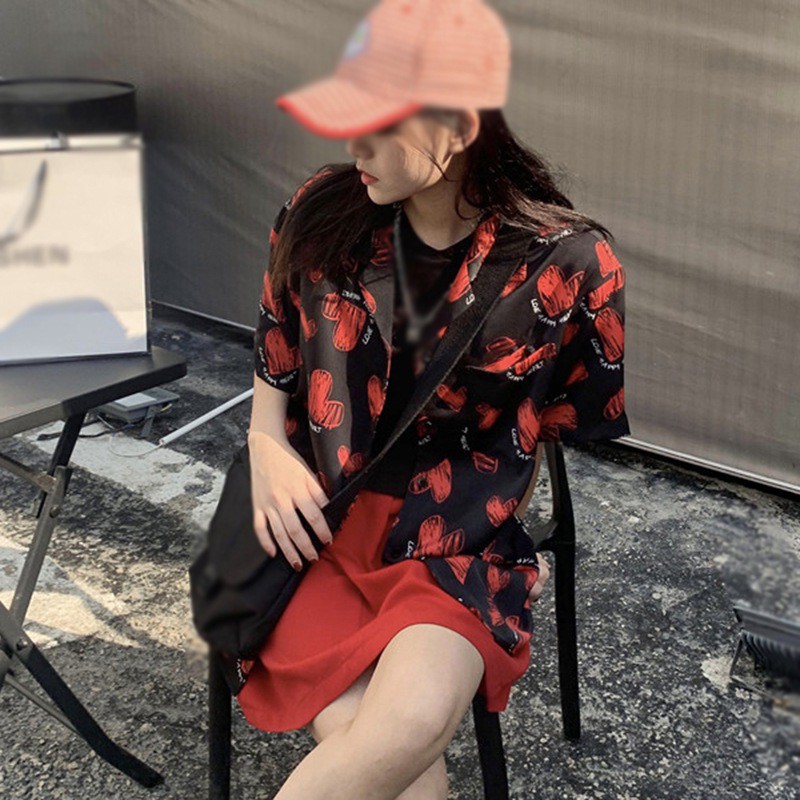 Áo Sơ Mi Voan Tay Ngắn Dáng Rộng In Hình Trái Tim Xinh Xắn Hợp Thời Trang