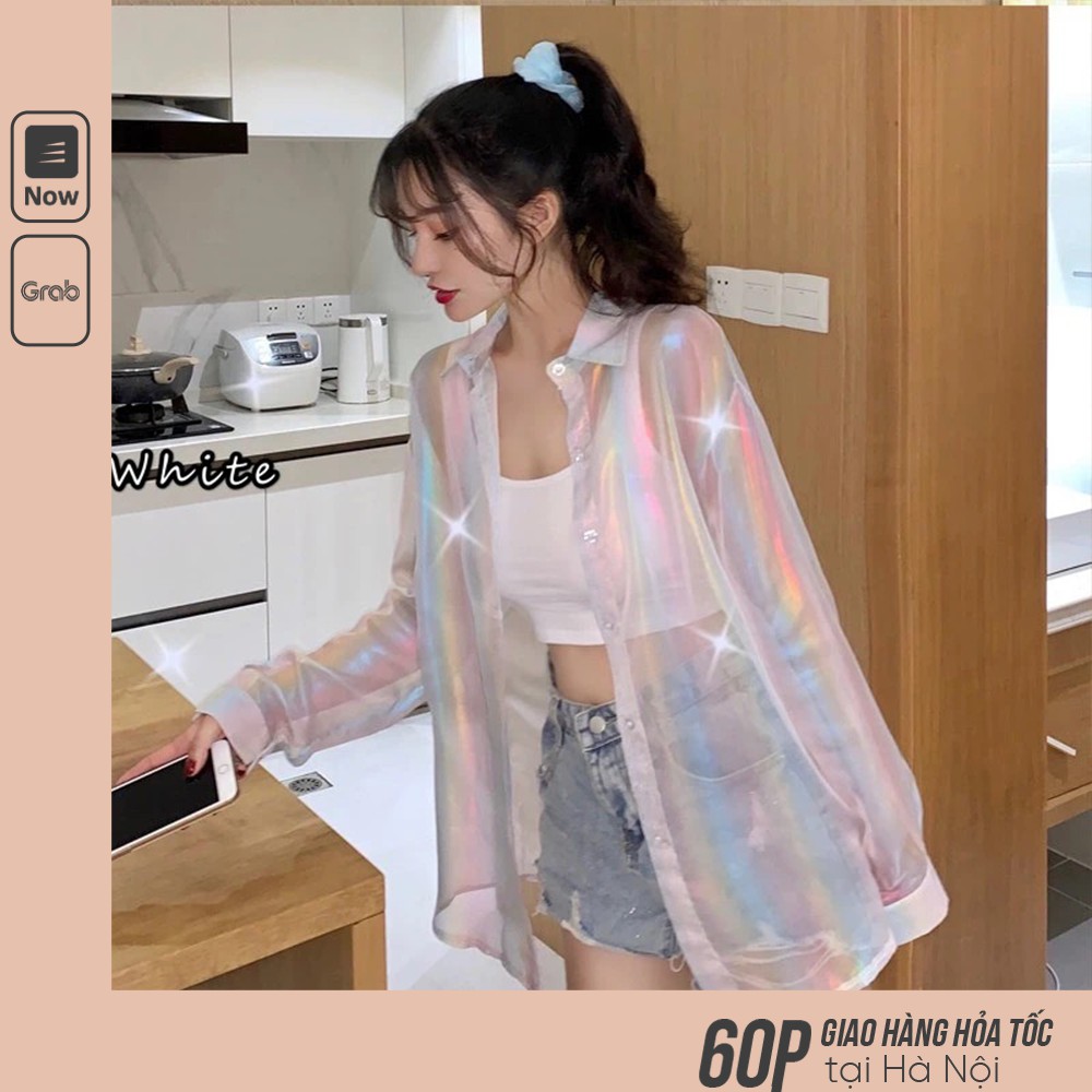 Áo Sơ Mi Khoác Ngoài Cardigan Mỏng Dài Tay Họa Tiết Màu Cầu Vồng Lấp Lánh A00032