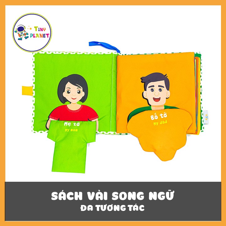 Sách vải song ngữ đa tương tác Nhà tớ có những ai? - Who's is my family? kích thước 18x18cm 12 trang