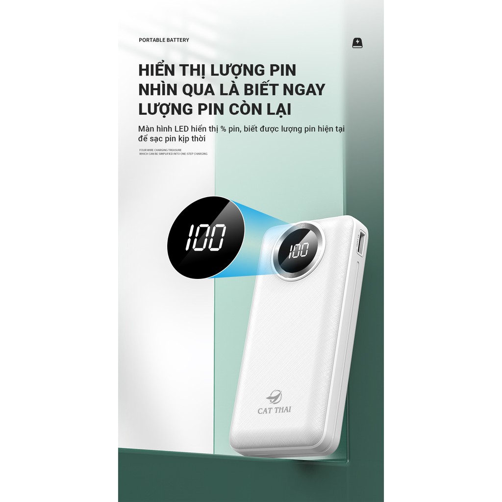 Pin sạc dự phòng Cát Thái KJ-A123 25000mAh có sẵn 4 cáp sạc rất tiện lợi, sạc nhanh thông minh 2.1A, 4 cổng sạc ra