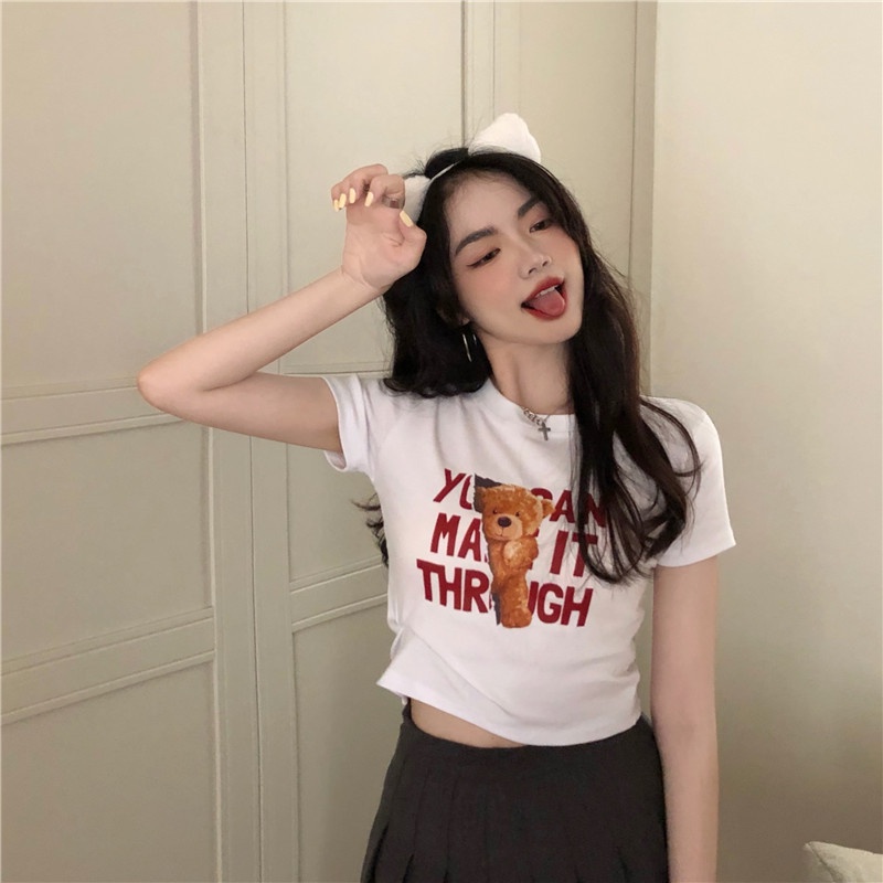 IELGY Áo Thun Ngắn Tay In Hình Gấu Và Chữ Phong Cách Hàn Quốc Dành Cho Nữ