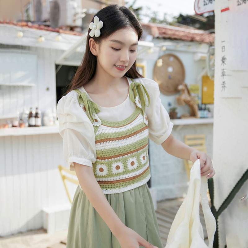 Áo Croptop Dệt Kim Không Tay In Hoa Cúc Màu Sắc Tương Phản Thời Trang Mùa Hè Cho Nữ