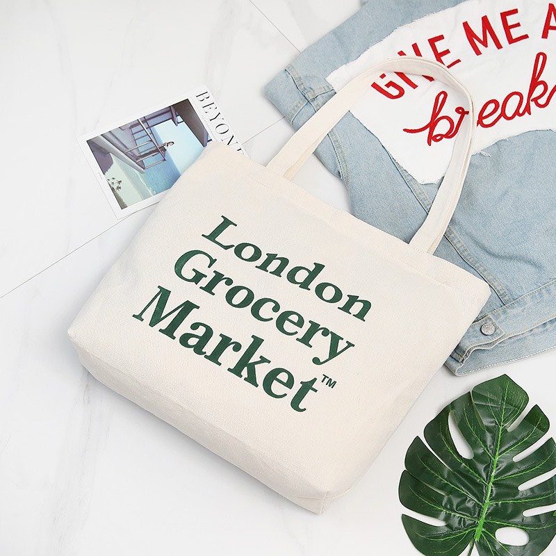 Túi tote HAZIN vải canvas ulzzang unisex in chữ London có khoá miệng túi nhỏ bên trong HZ58
