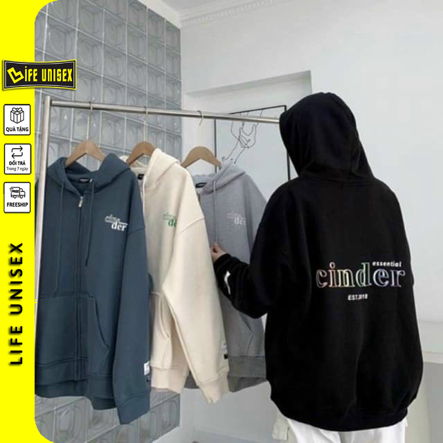 Áo Khoác Hoodie Nỉ CINDER Nam Nữ Ulzzang Unisex Dây Kéo, Áo Khoác Nỉ Form Rộng LIFE UNISEX