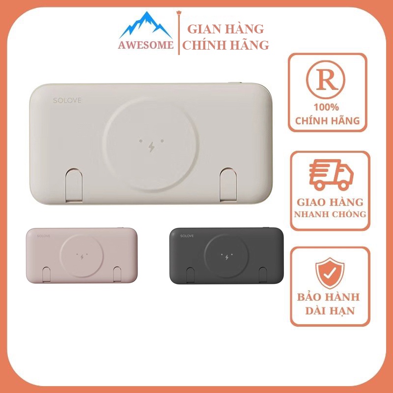 Sạc Dự Phòng Không Dây Có Giá Đỡ Pin 10000MAH W10 SOLOVE - Sạc Nhanh Hai Cổng Sạc Type C và Type A
