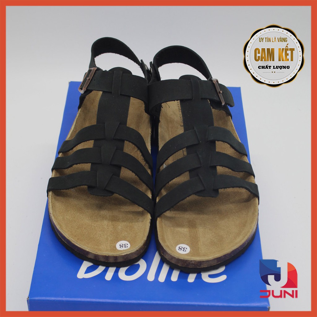 [DA BÒ THẬT] D12-Dép da bò quai ngang Birken Bioline Unisex (Đế trấu) - Juni Store