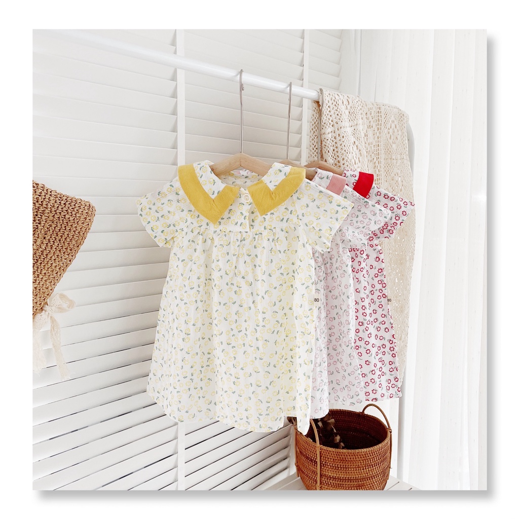 Váy hè cộc tay hoa nhí cổ phối màu cho bé 8-23Kg  - Chất thô hoa mỏng mát