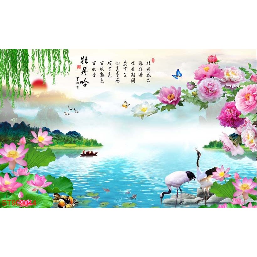 Tranh dán tường 3D thác nước sơn thủy hữu tình - Tranh phong cảnh thiên nhiên sơn thủy đẹp